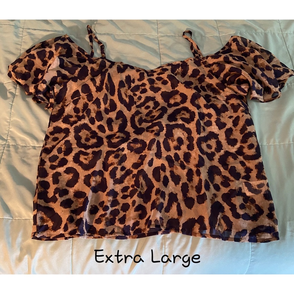 1 XL LEFT! Leopard Cold Shoulder Top Blouse Shirt - Picture 9 of 12
